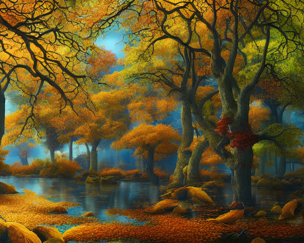 Scenic autumn forest with golden foliage, serene river, and colorful canopy