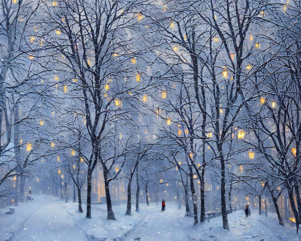 Snowy landscape with street lamps, falling snowflakes, bare trees, and lone person in red