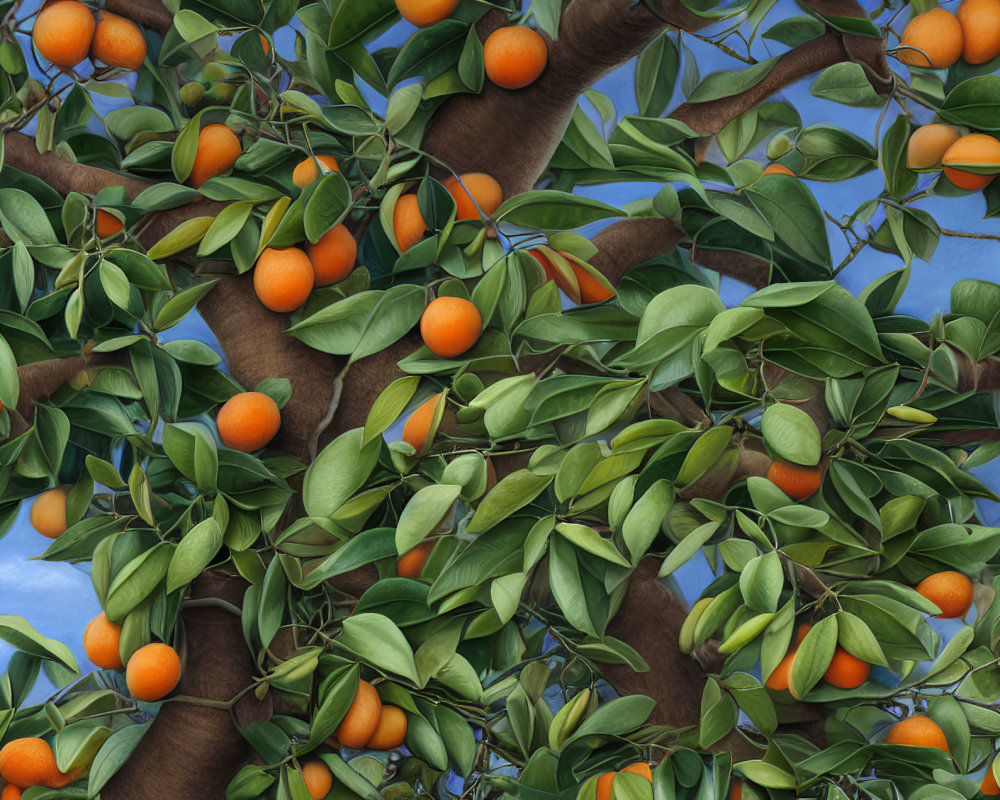 Close-up of ripe oranges on vibrant orange tree with lush green leaves on blue background