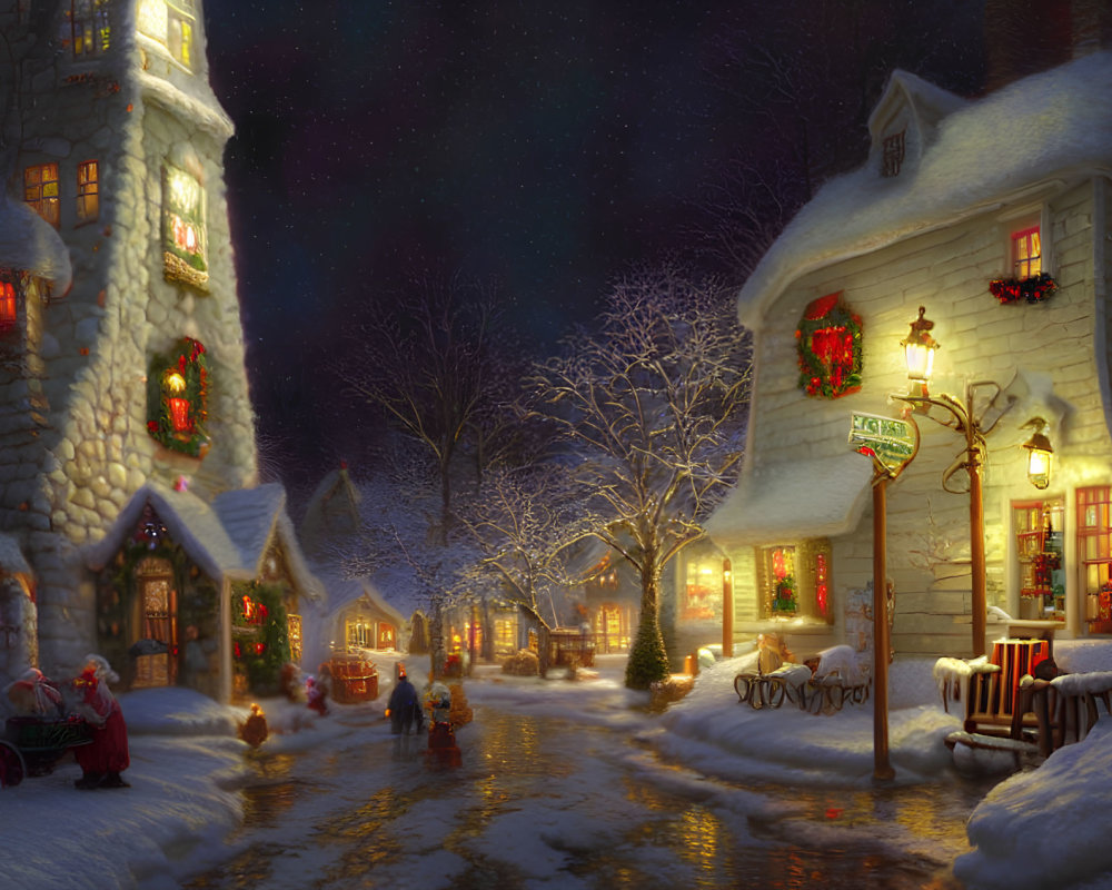 Snow-covered village with Christmas decorations under starry sky