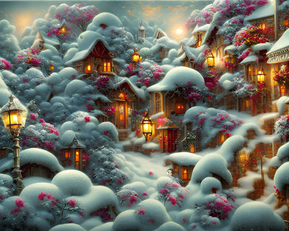 Snow-covered cottages in a glowing winter village scene