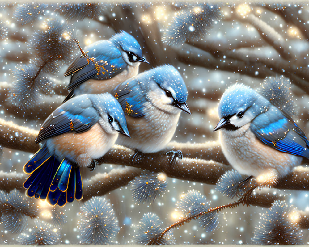 Four bluebirds on branch in falling snowflakes, detailed plumage and wintry background.