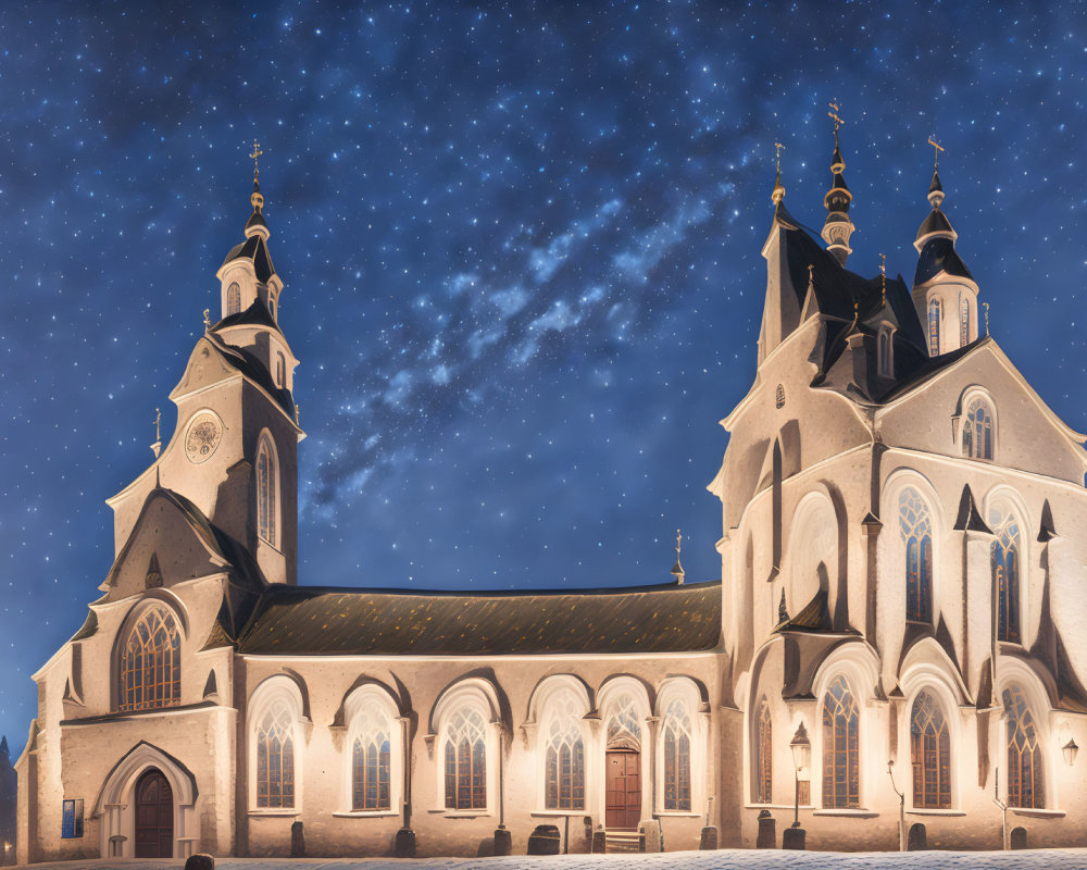 Majestic church with illuminated windows under starry night sky