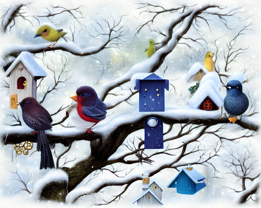 Colorful Birds on Snowy Branches with Birdhouses in Wintry Landscape