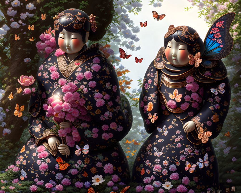 Intricately adorned kokeshi dolls in cherry blossom and butterfly scene