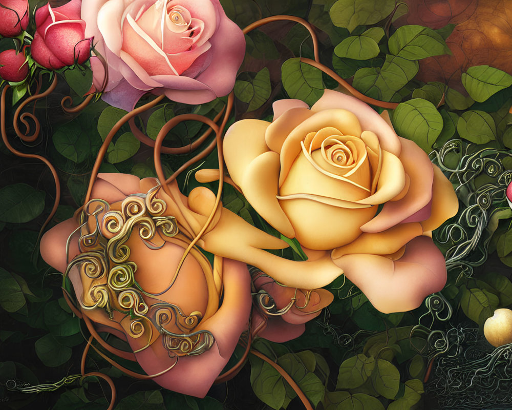 Detailed Artwork: Vibrant Pink and Peach Roses with Golden Filigree