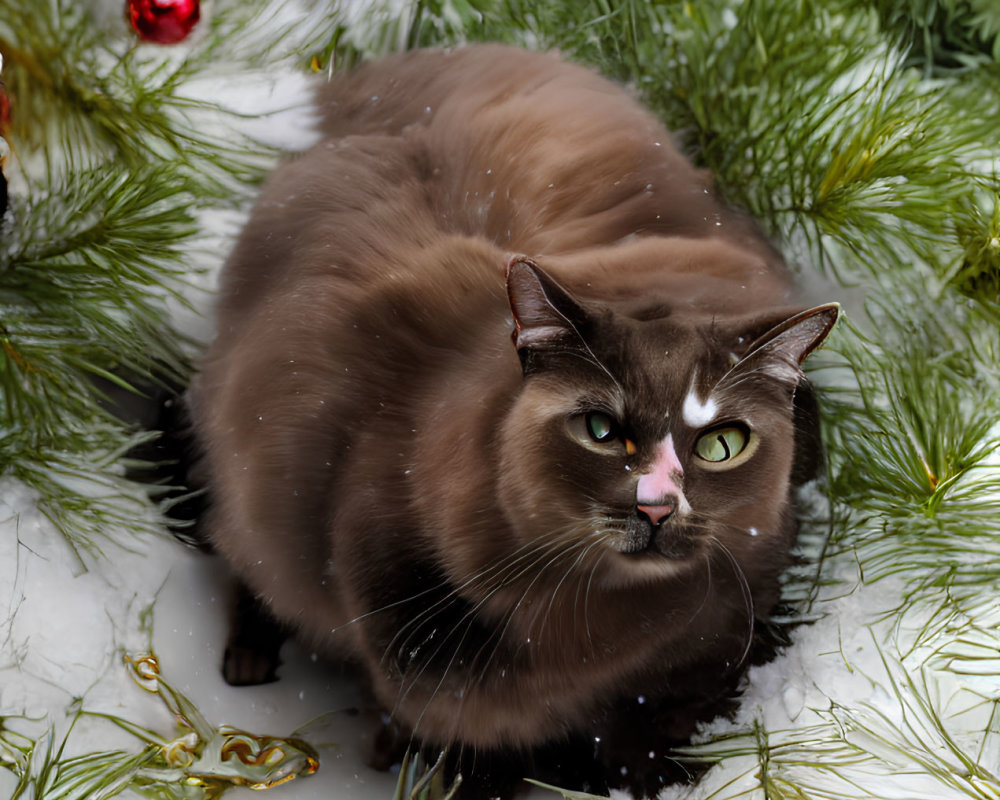 Brown Cat Surrounded by Christmas Decorations and Snow