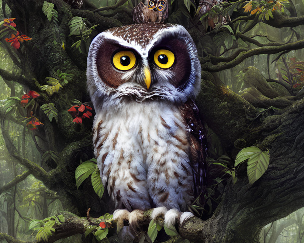 Detailed Illustration: Multiple Owls on Branches in Lush Forest