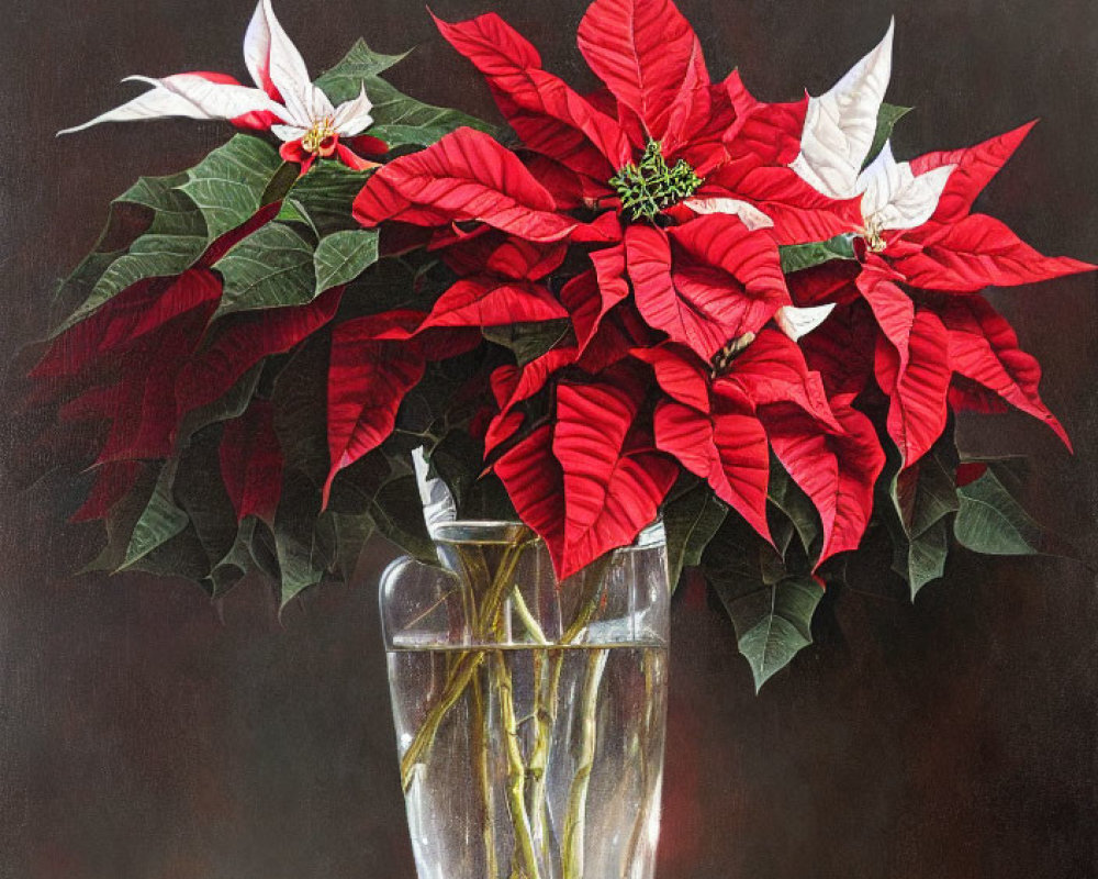 Realistic Painting of Vibrant Red Poinsettia Flowers in Glass Vase