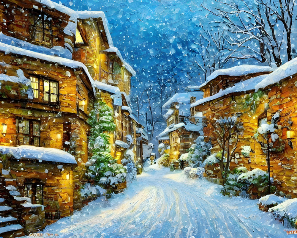 Snowy village scene: Warmly lit windows, snow-covered trees, charming stone houses.