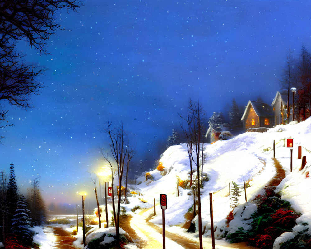 Snowy evening scene: warmly lit cabin, street lamps, falling snow, warning signs.