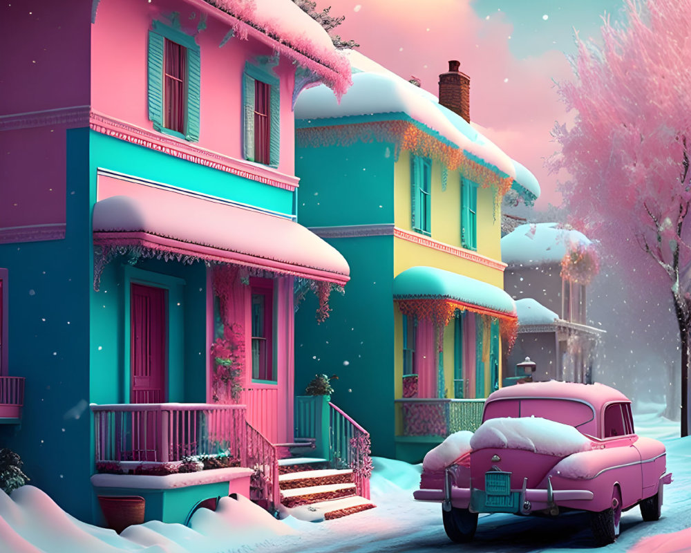 Snow-covered roofs and colorful houses at twilight with pink car and snowy street.