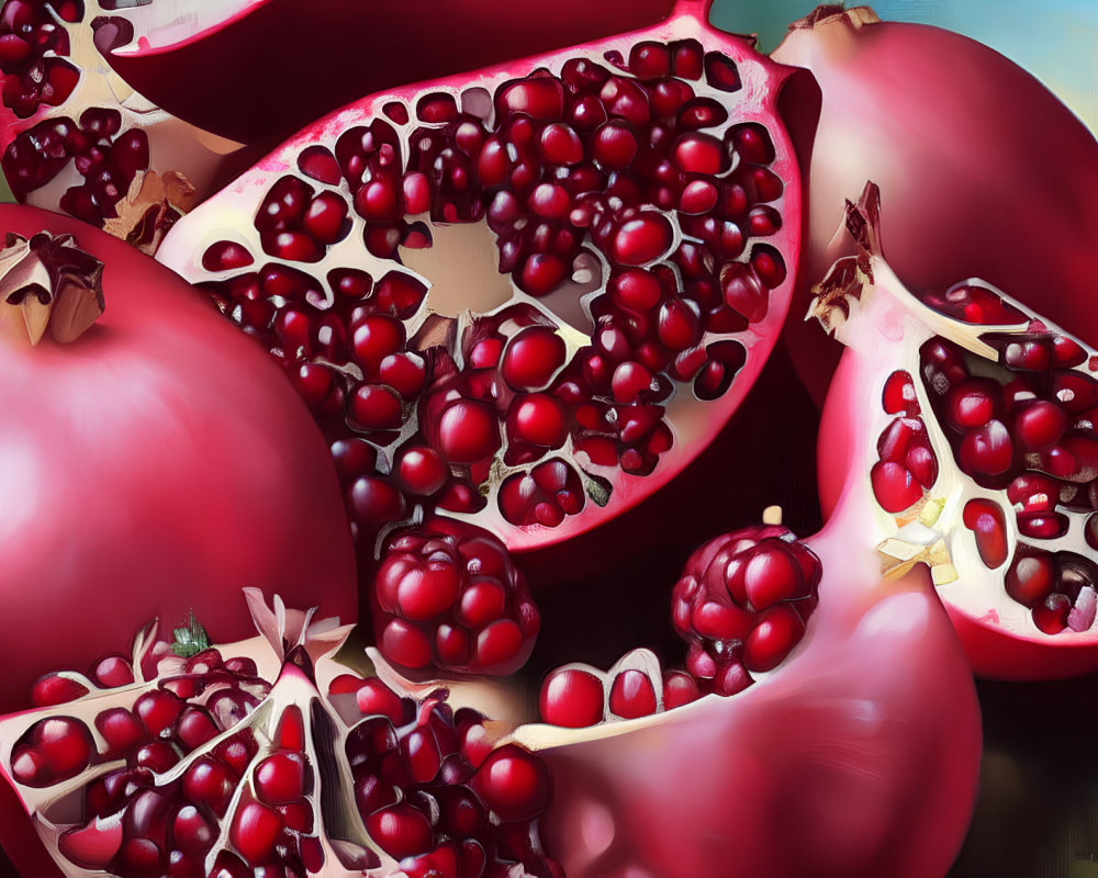 Ripe pomegranates with glistening red seeds on soft-focus background