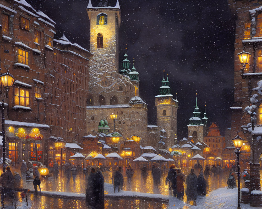 Snowy evening scene in historic town square with glowing street lamps and bustling activity