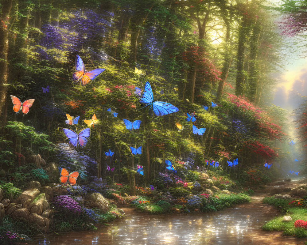 Enchanting forest scene with butterflies, sunlit path, greenery, flowers, and stream