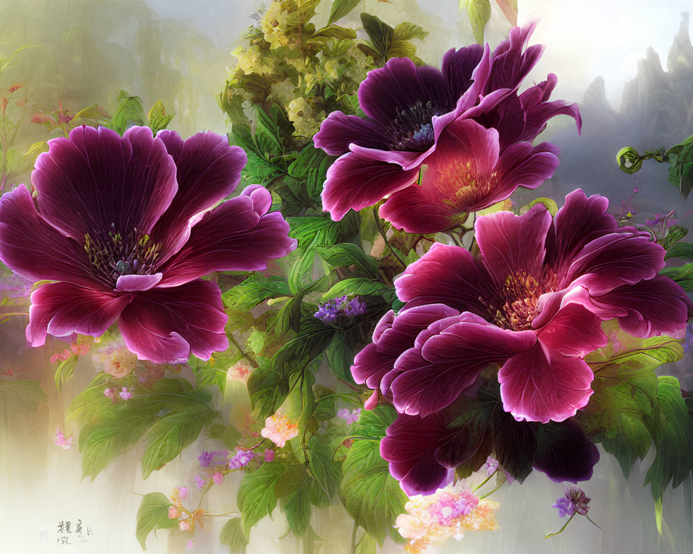 Purple peonies digital artwork with delicate foliage and misty background