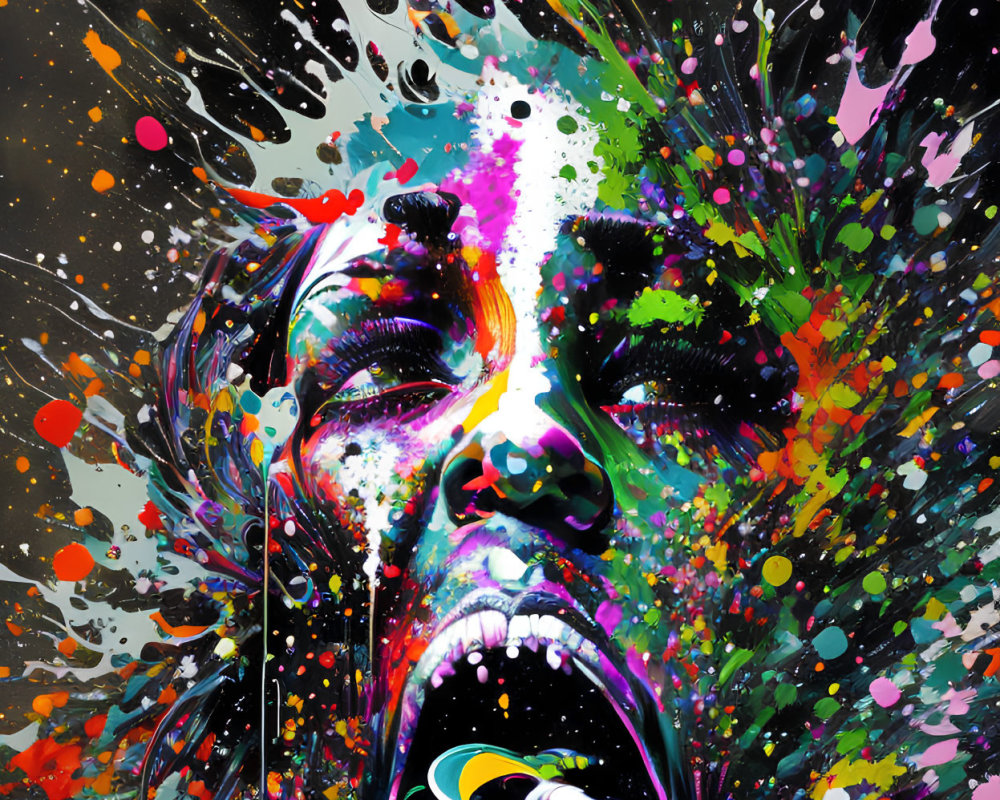 Colorful Abstract Art: Person Screaming with Paint Splatters