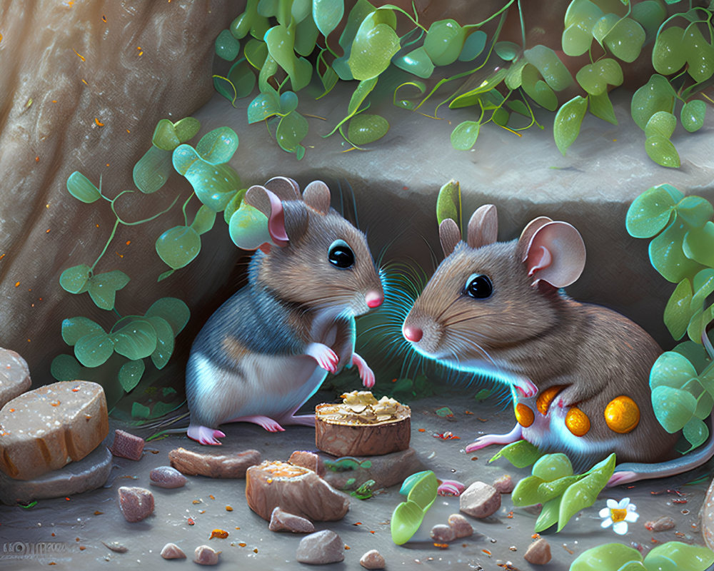 Two mice sharing cheese in whimsical fairy-tale scene