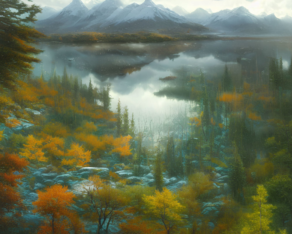 Autumnal landscape with calm lake, colorful trees, and snow-capped mountains