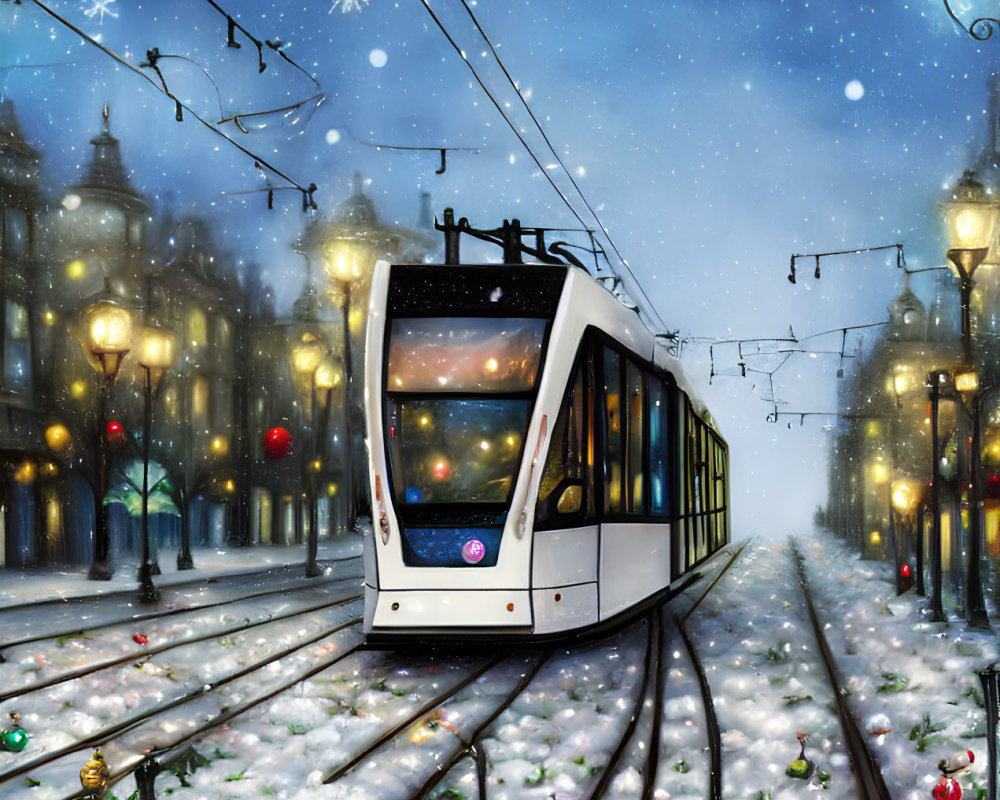Modern tram in snowy winter scene with festive ornaments