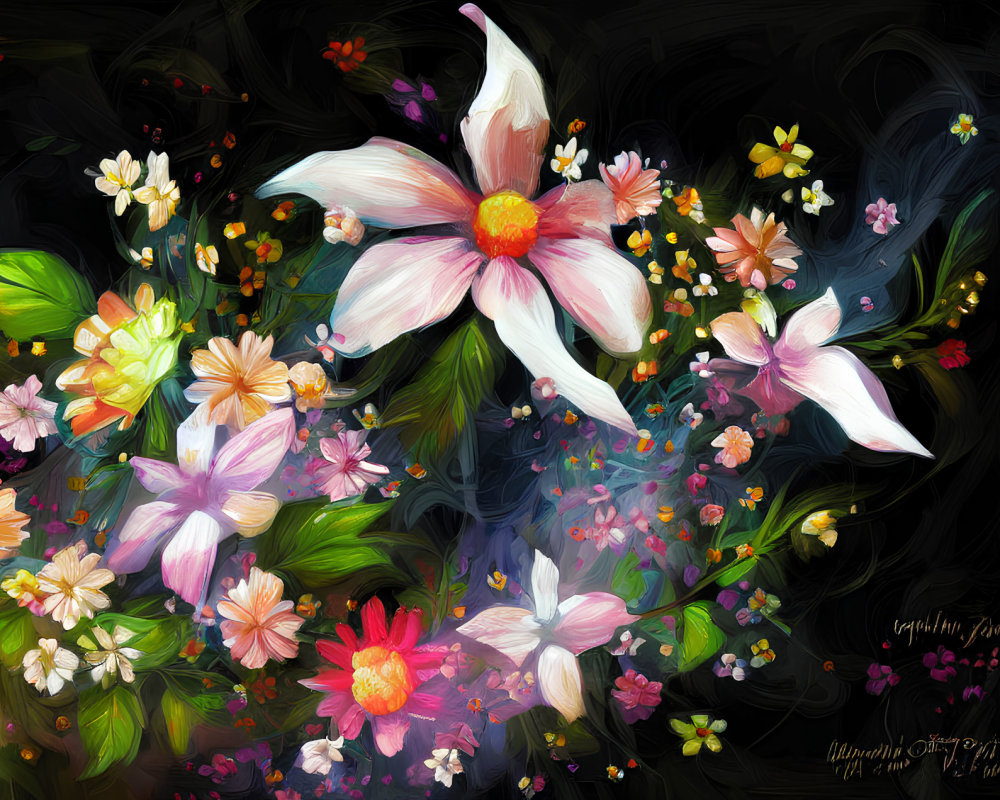 Colorful Flowers Digital Painting with Pink and White Blossoms on Dark Background