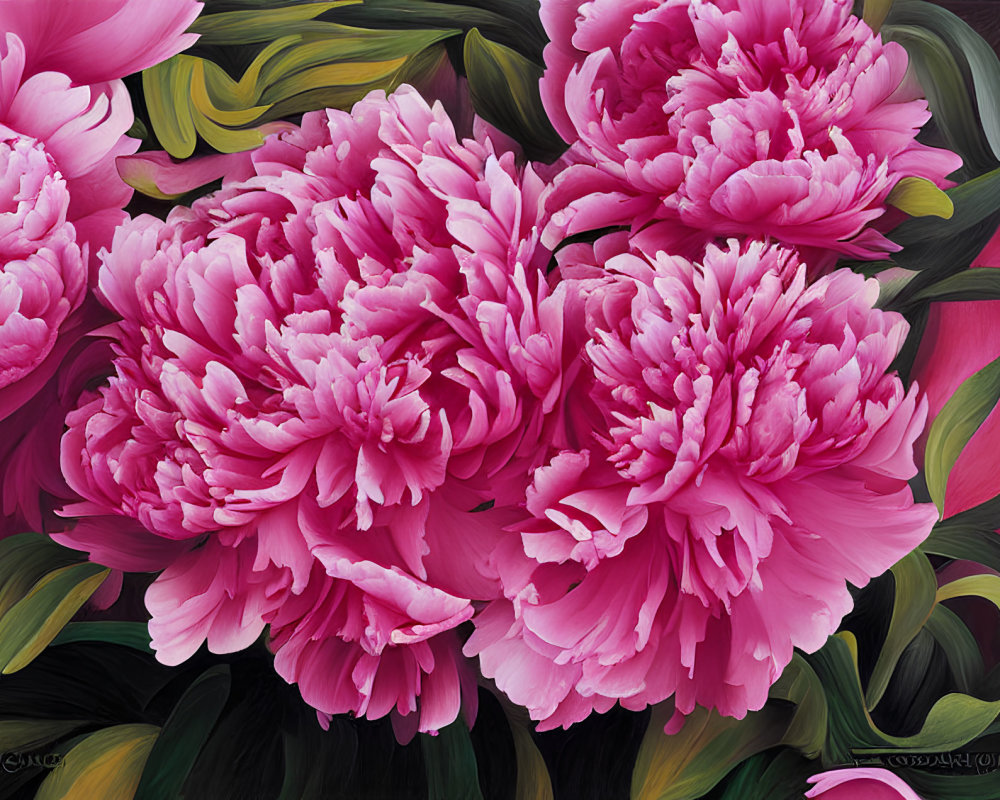 Colorful painting of pink peonies with ruffled petals and green leaves