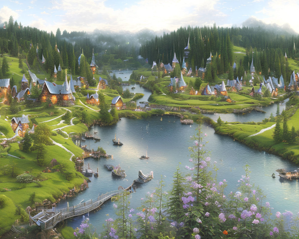 Tranquil fantasy landscape with village, river, and lake