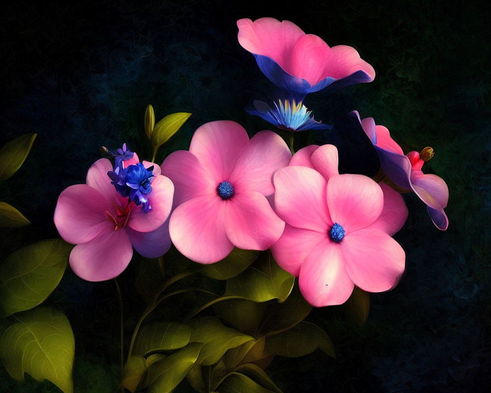 Colorful digital art: Pink flowers, blue centers, and green leaves on dark backdrop