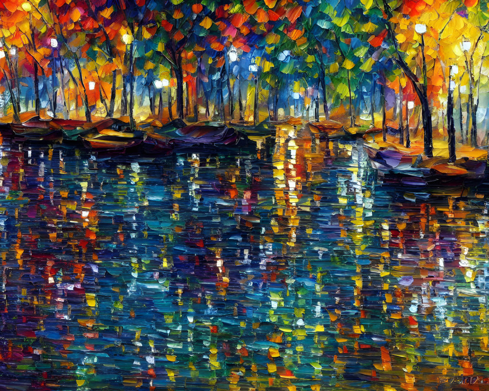 Vibrant Abstract Painting: Boats on Reflective Water with Autumn Forest