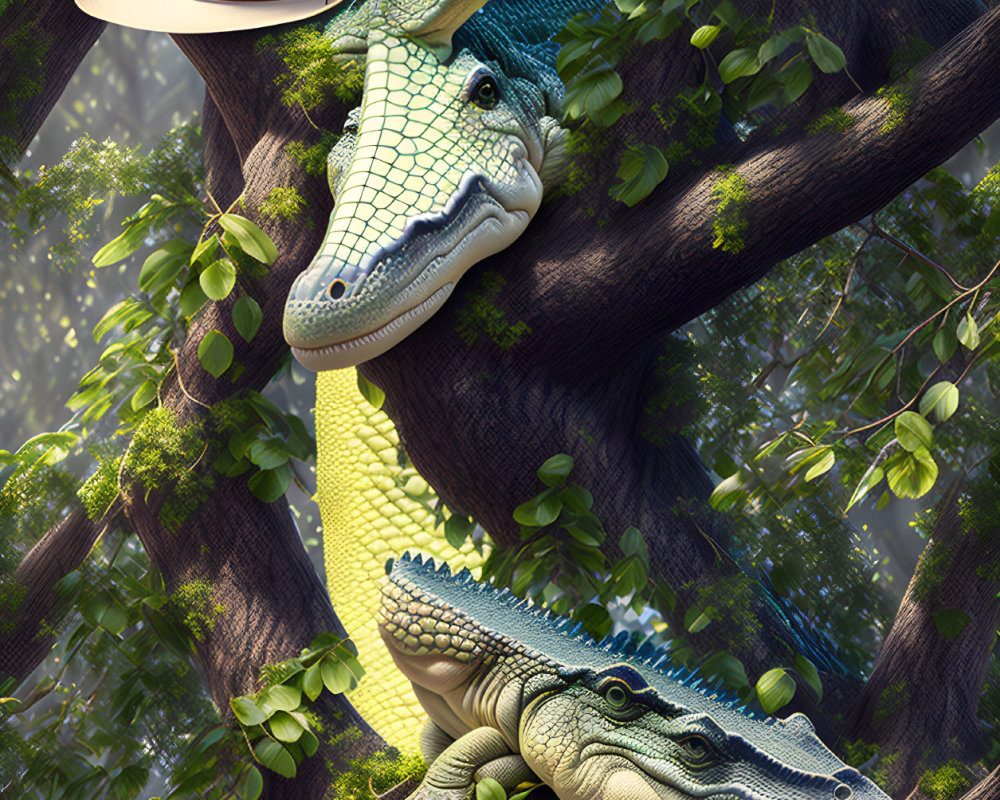 Anthropomorphic alligators in hats resting in forest scene