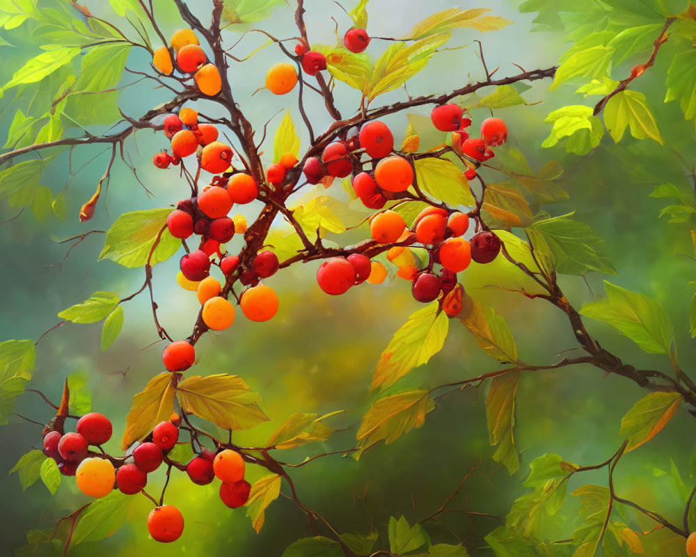 Colorful branch with red and orange berries in lush forest setting
