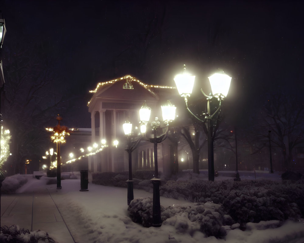 Snowy Winter Dusk Scene with Decorated Lamp Posts