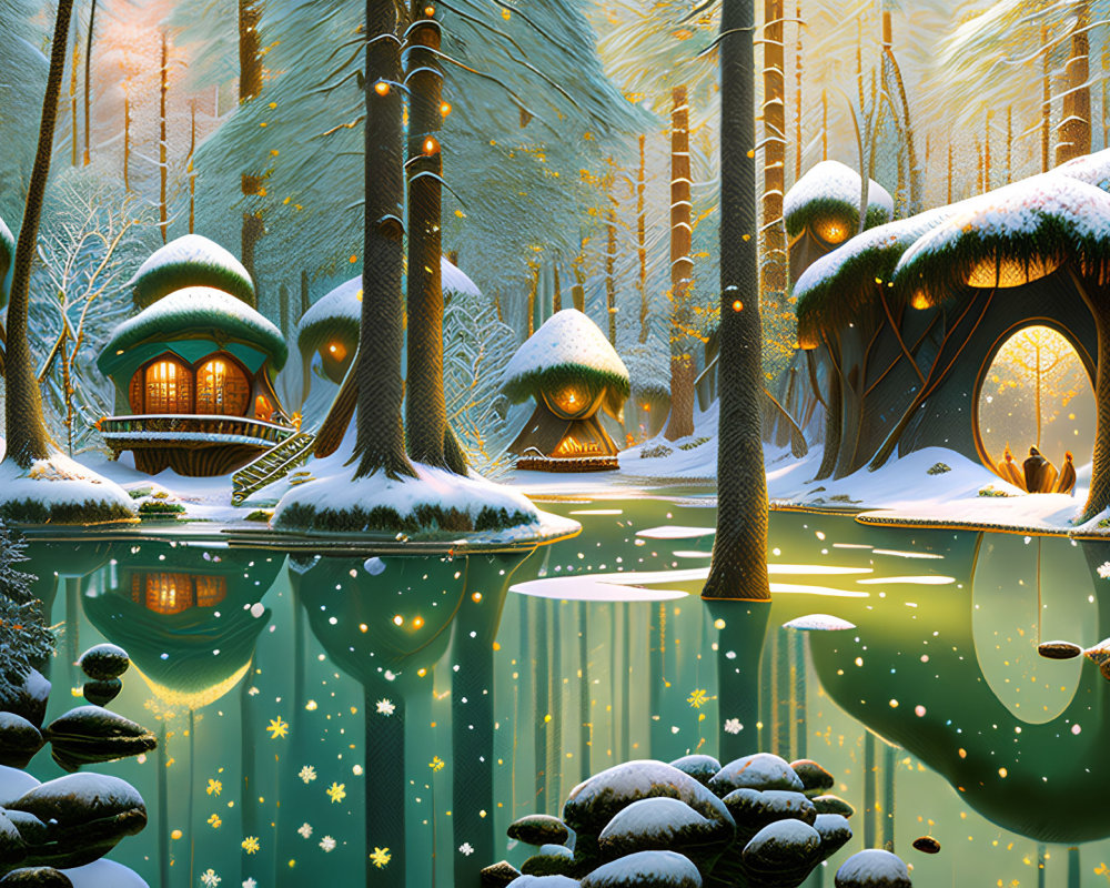 Whimsical mushroom houses in enchanted winter forest
