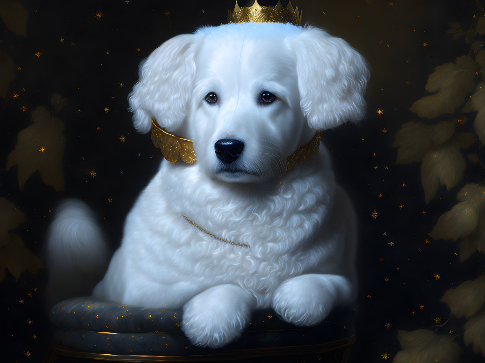 White Puppy with Golden Crown and Pendant on Throne in Starry Background