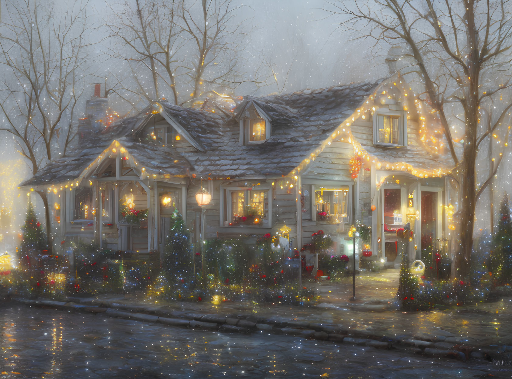 Festive Christmas lights decorate cozy illuminated house