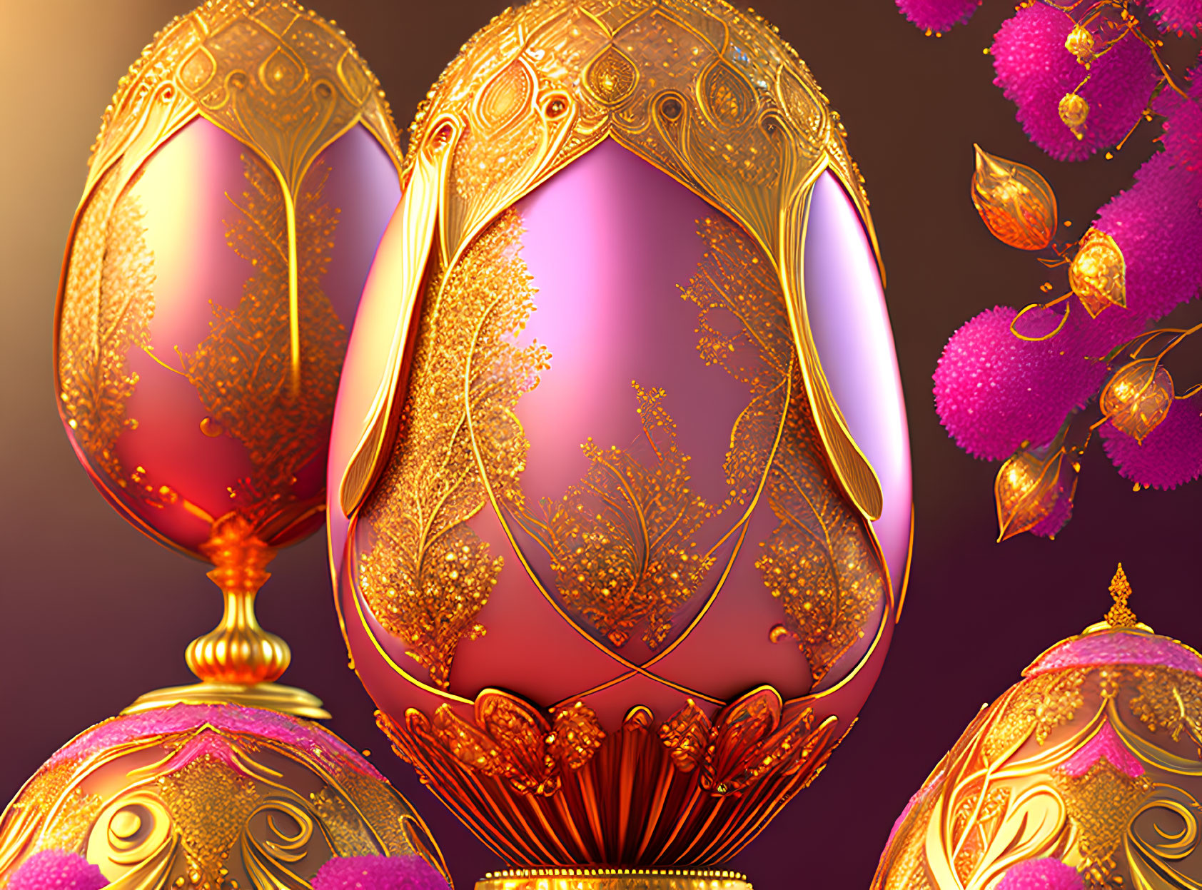Ornate Jewel-Toned Easter Eggs with Gold Details on Dark Floral Background