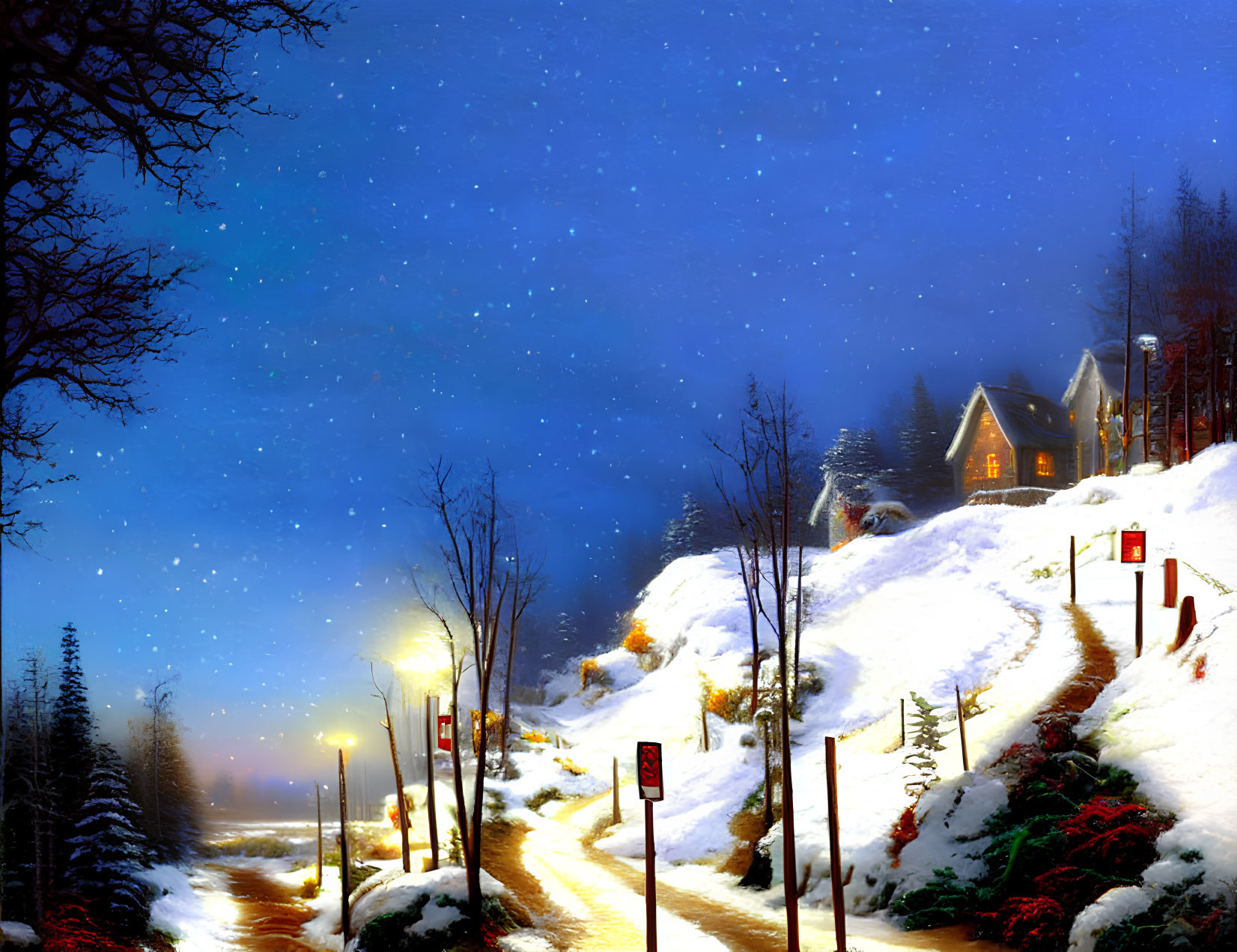 Snowy evening scene: warmly lit cabin, street lamps, falling snow, warning signs.