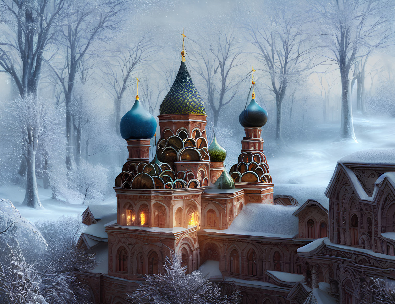 Colorful Onion Domes in Snowy Forest Setting