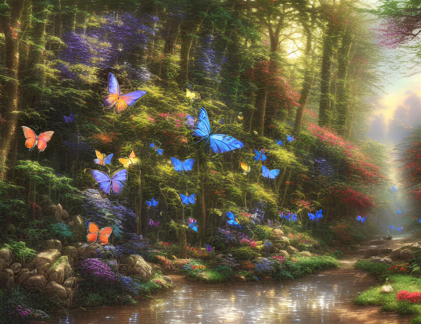 Enchanting forest scene with butterflies, sunlit path, greenery, flowers, and stream