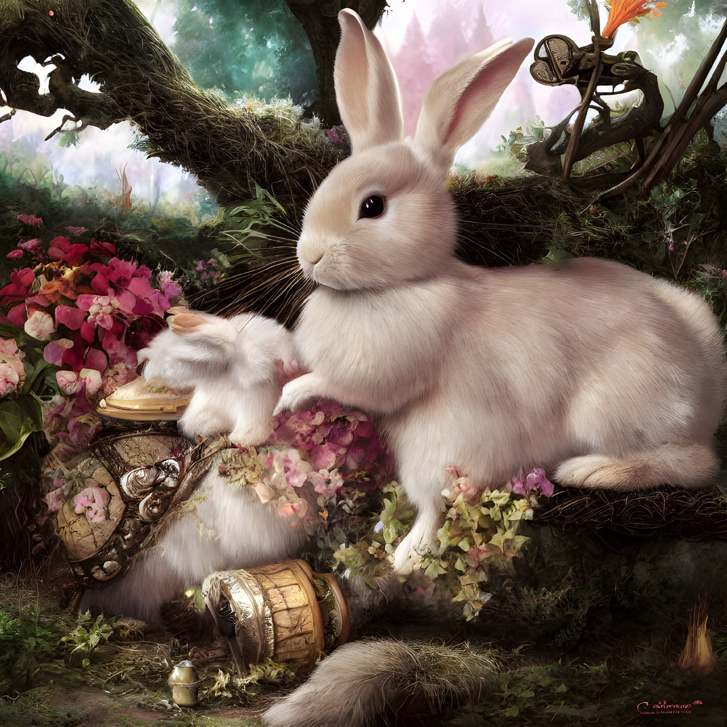 Detailed illustration of rabbits in vibrant flower garden