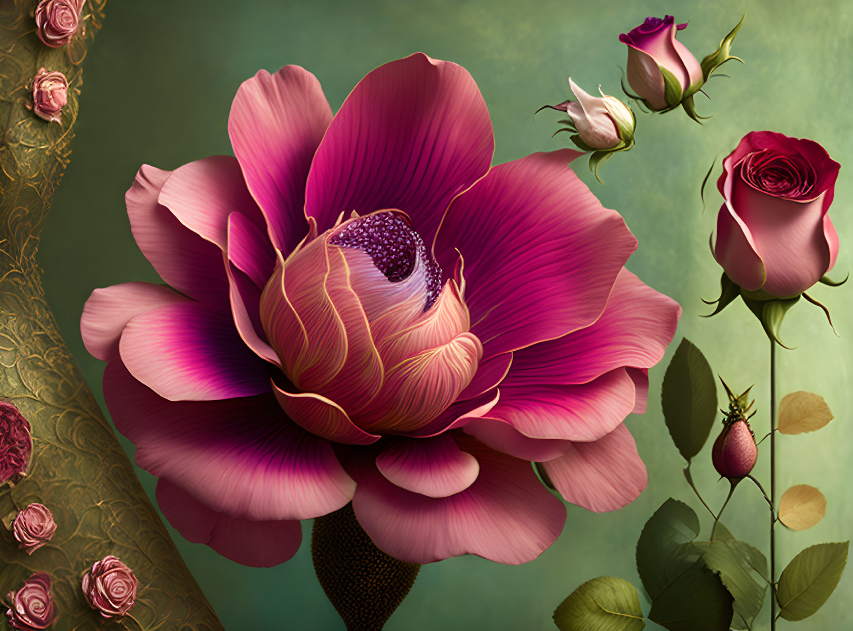 Pink flower digital artwork with vintage green background and golden border