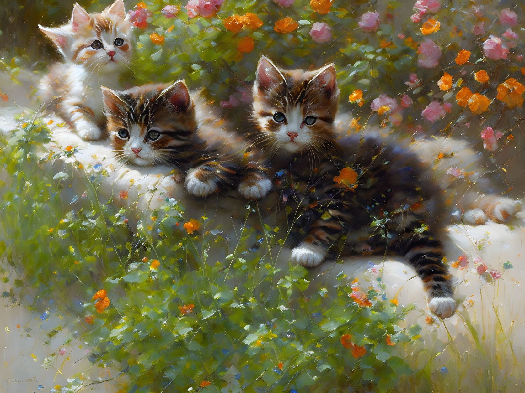 Three Kittens Relaxing in Blooming Garden