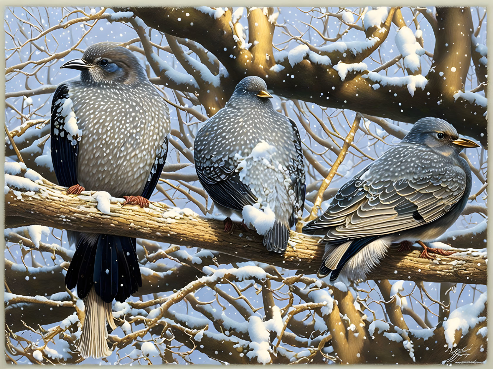 Three starlings on snow-covered branch with falling snowflakes and wintry trees