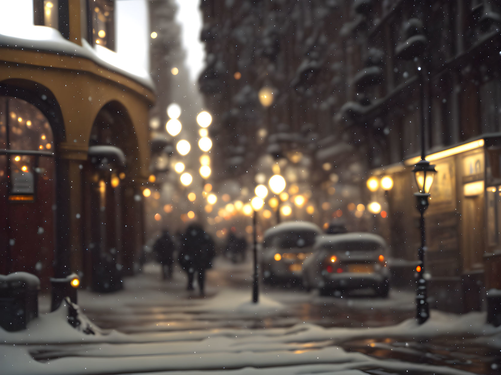 Snowy City Scene at Dusk: Blurred Lights & Silhouettes of People Walking