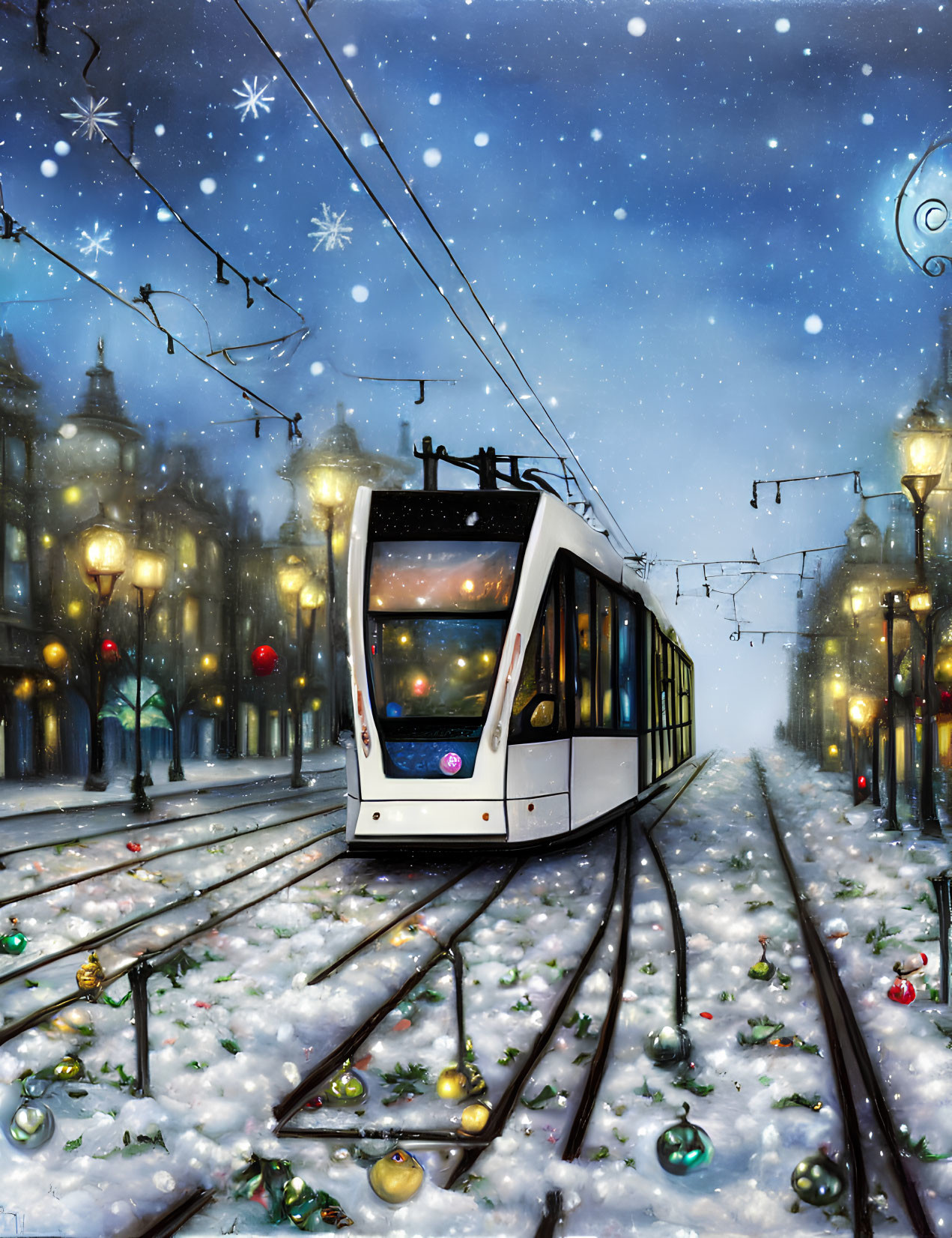 Modern tram in snowy winter scene with festive ornaments
