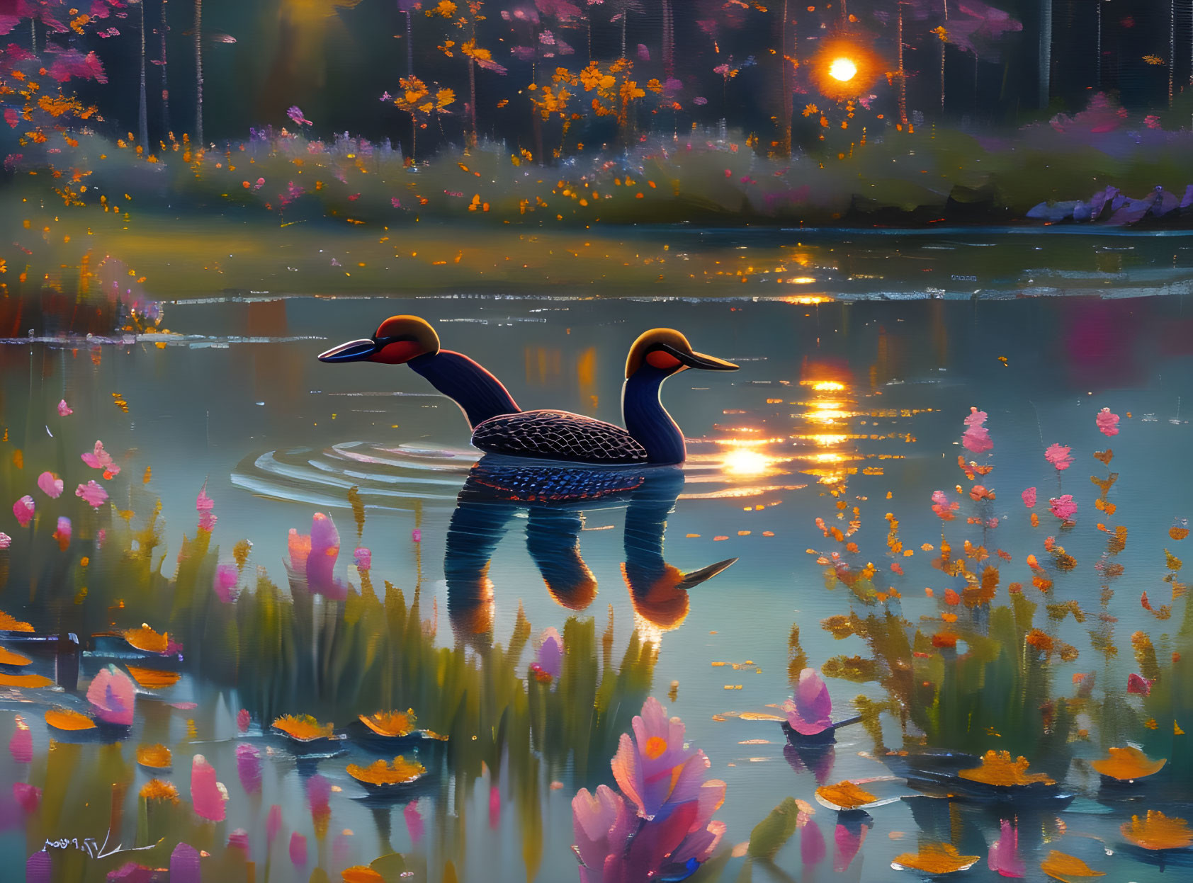 Tranquil lake sunset scene with ducks, flowers, and forest.
