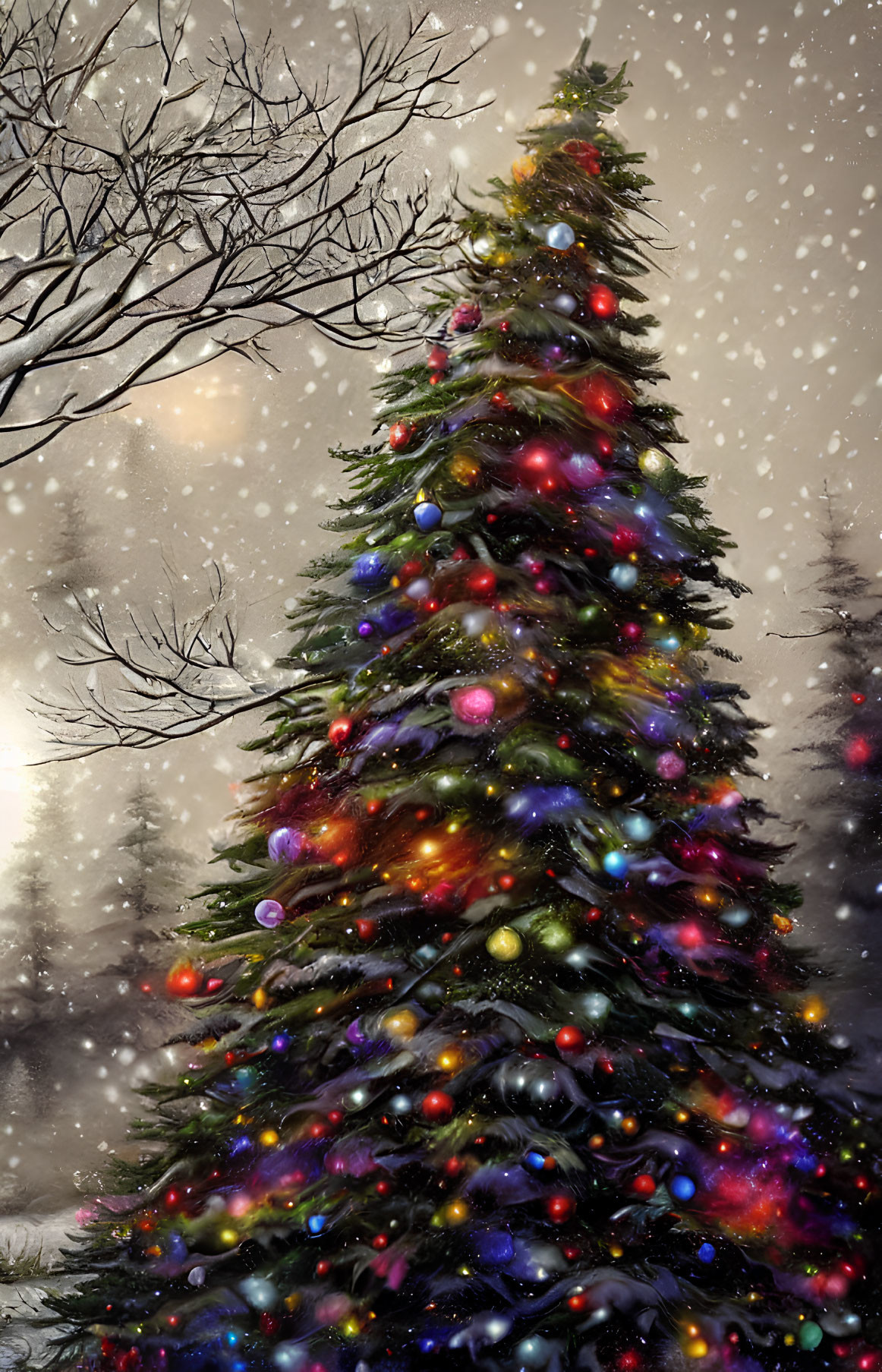 Snowy forest scene: Tall Christmas tree with colorful lights and ornaments under falling snowflakes