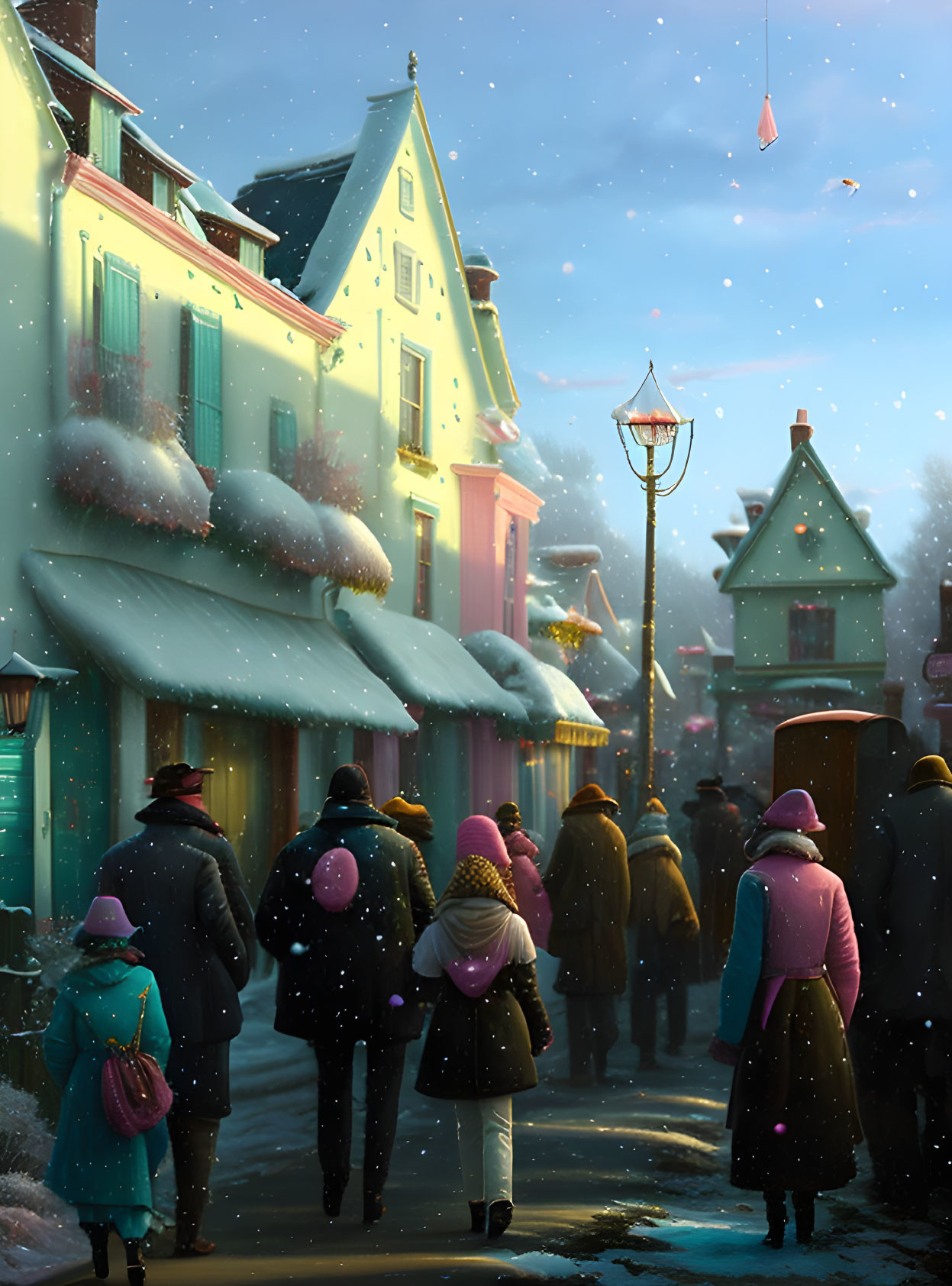 Snow-covered street scene with pedestrians, colorful houses, glowing streetlamp, and gentle snowfall.