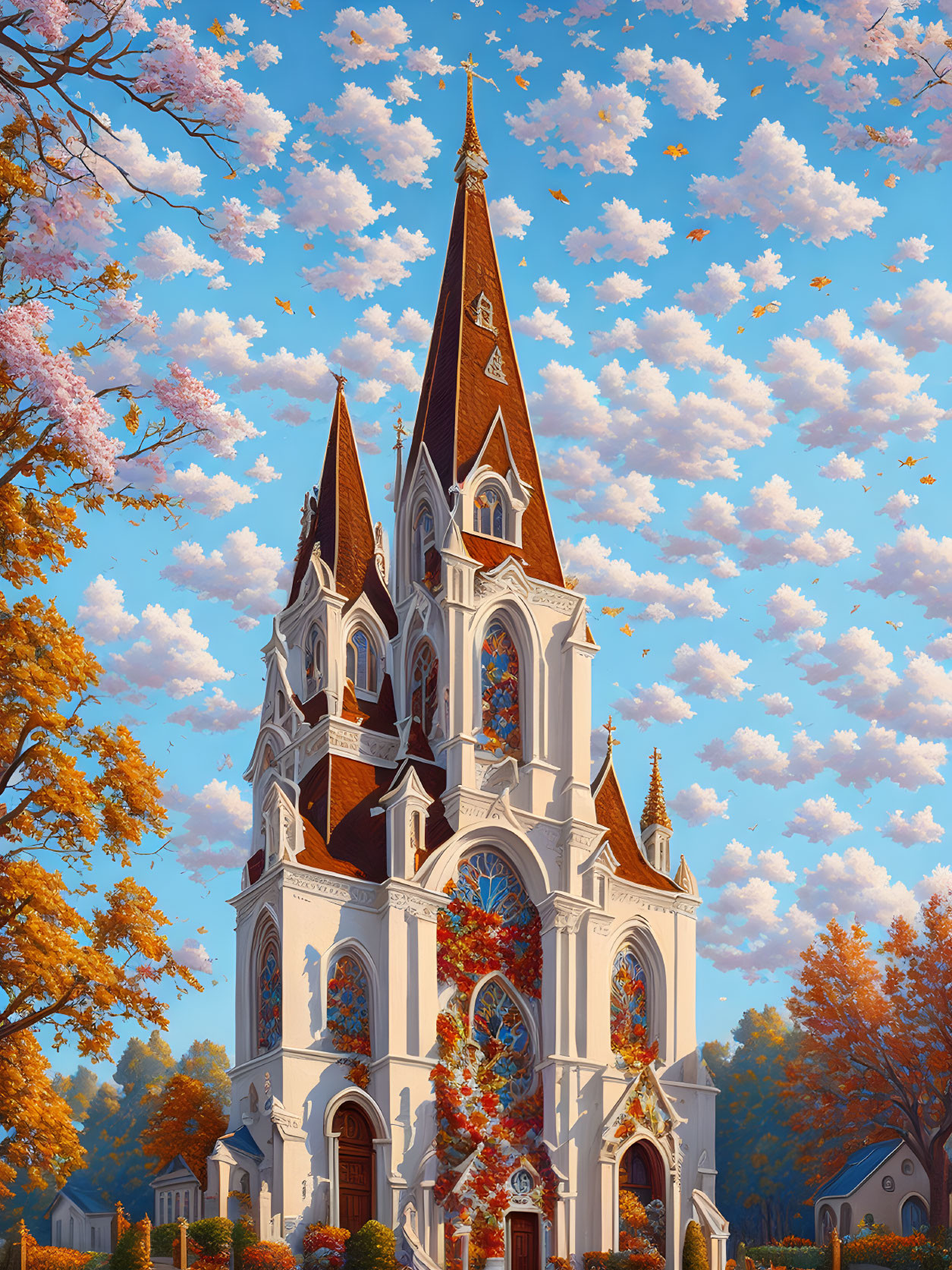 Gothic-style church with twin spires in autumn scenery