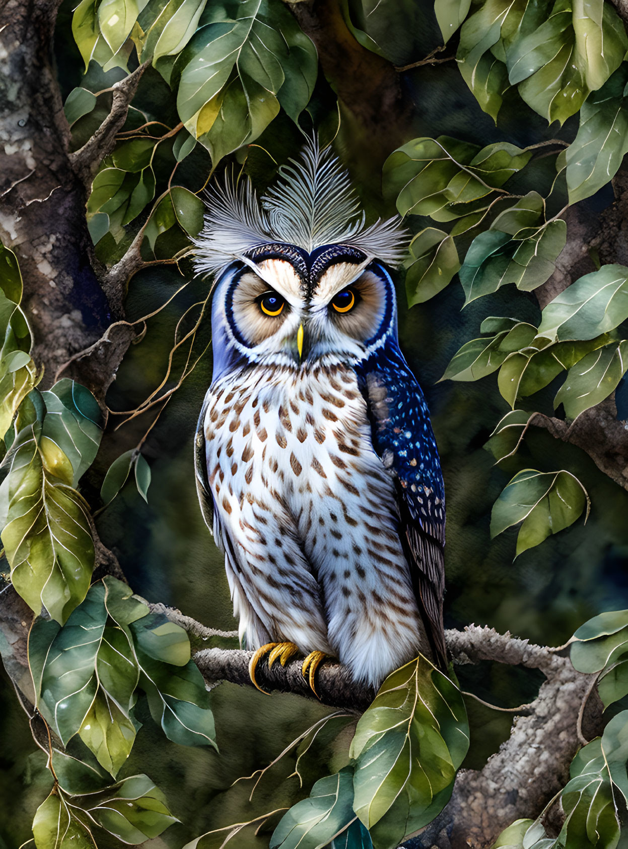 Detailed Blue and White Owl Illustration on Branch with Yellow Eyes
